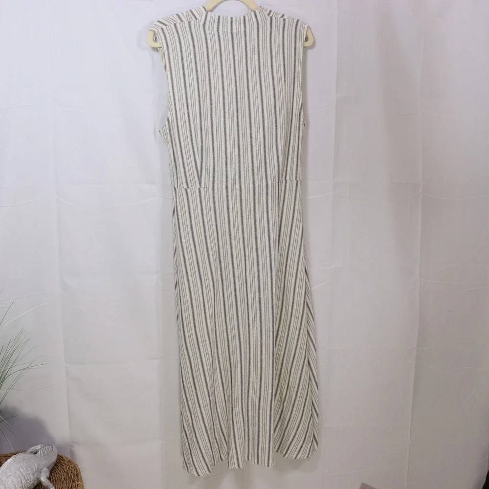 Tahari Striped Midi Dress Large Ivory‎ Blue Womens Linen Blend Sleeveless